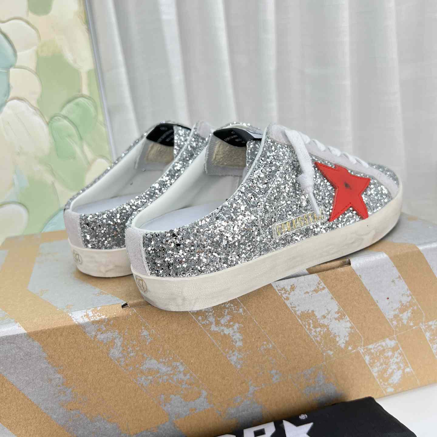 Golden Goose Super-Star Sabots In Silver Glitter With Red Leather Star - DopestKickz