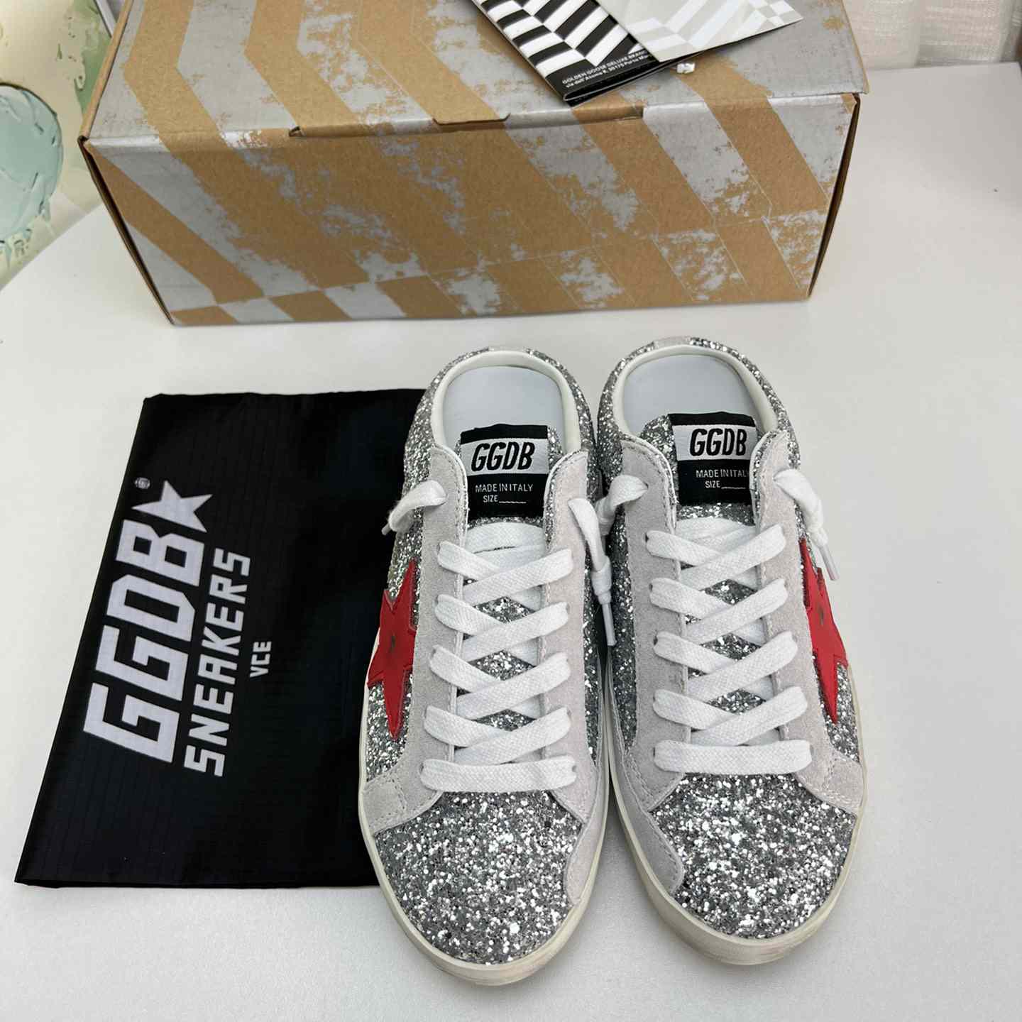 Golden Goose Super-Star Sabots In Silver Glitter With Red Leather Star - DopestKickz