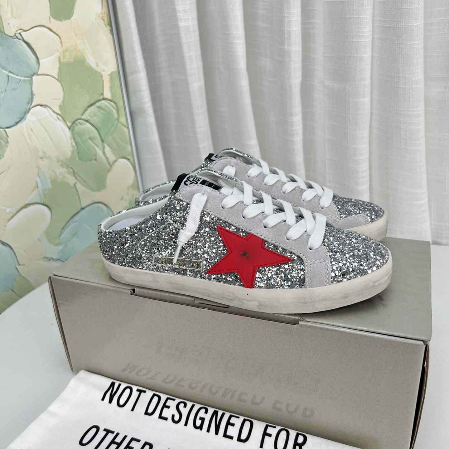 Golden Goose Super-Star Sabots In Silver Glitter With Red Leather Star - DopestKickz