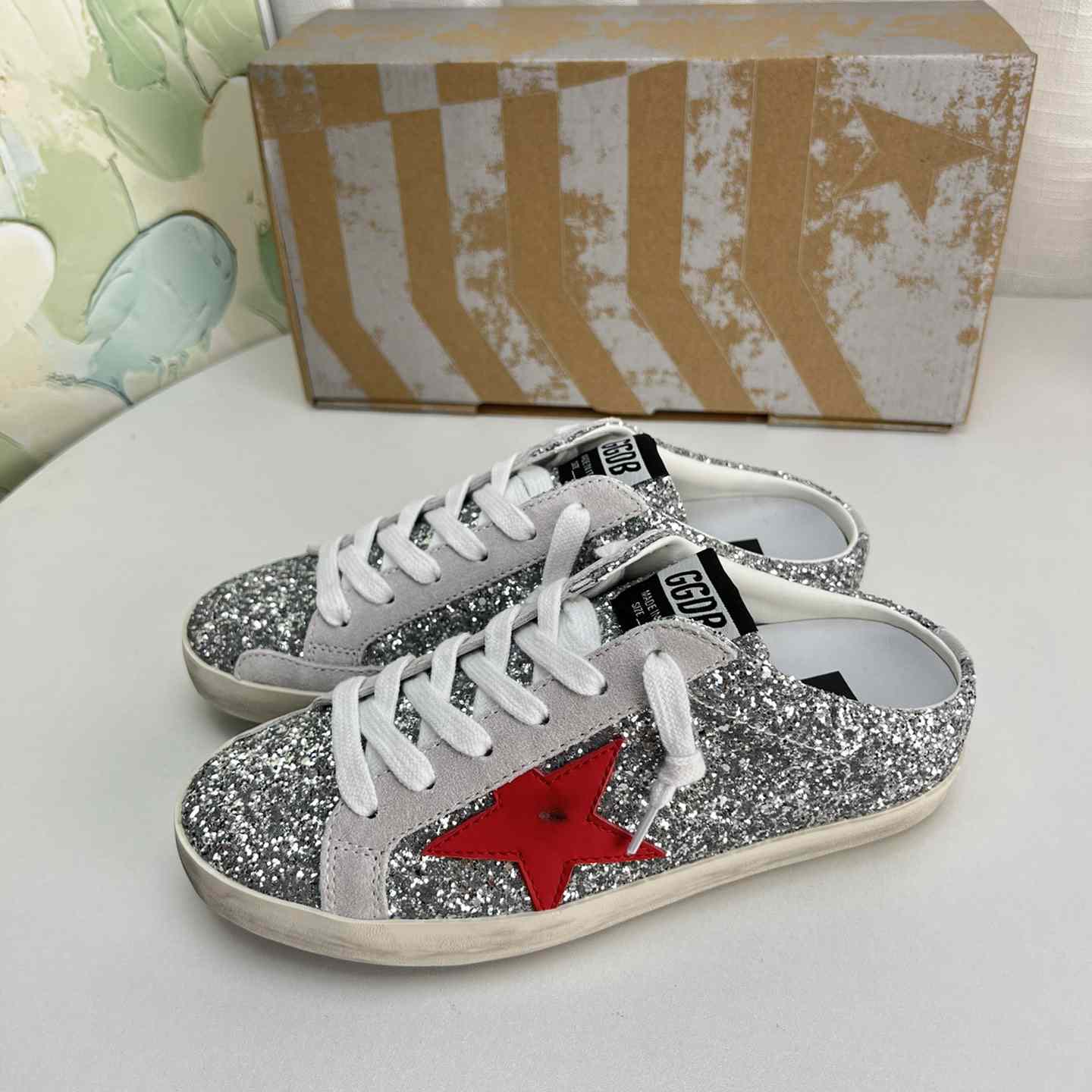 Golden Goose Super-Star Sabots In Silver Glitter With Red Leather Star - DopestKickz