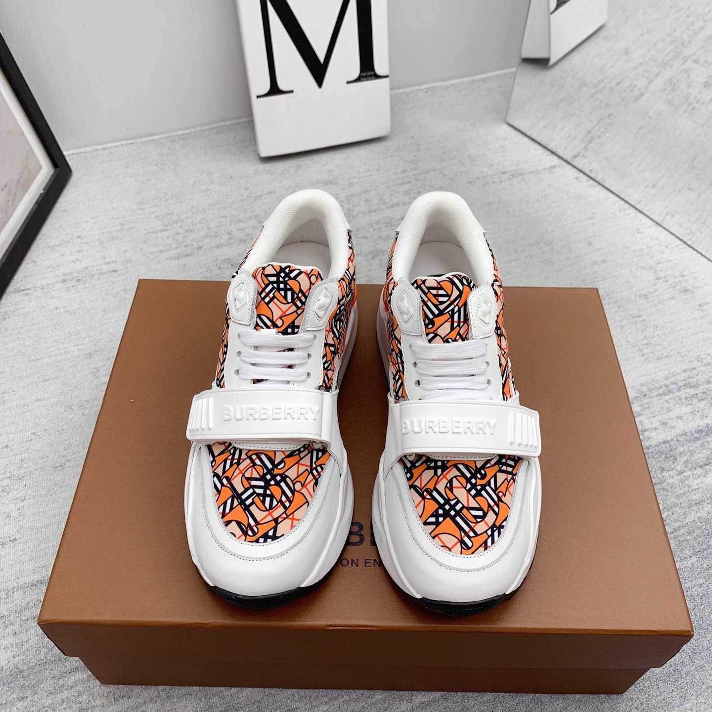 Burberry Monogram Print Linen Nylon And Leather Sneakers - DopestKickz