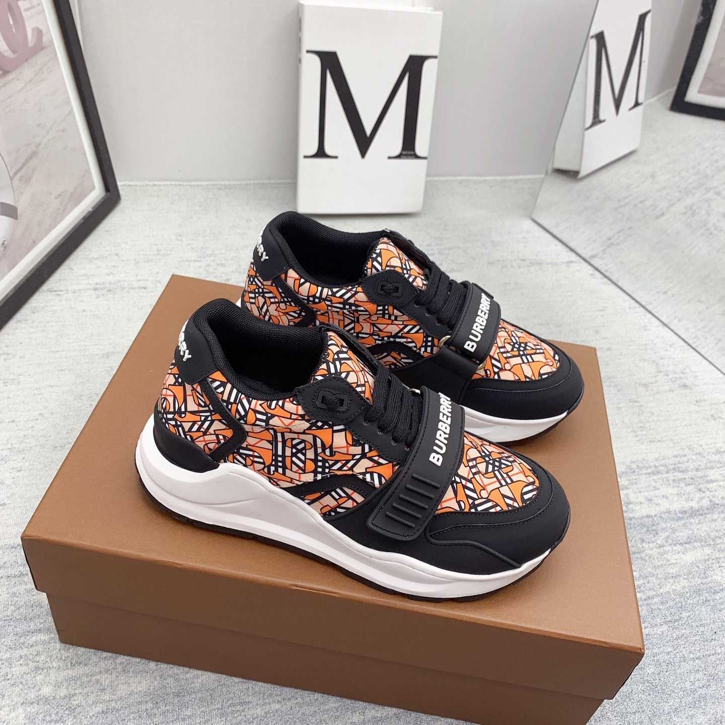 Burberry Monogram Print Linen Nylon And Leather Sneakers - DopestKickz