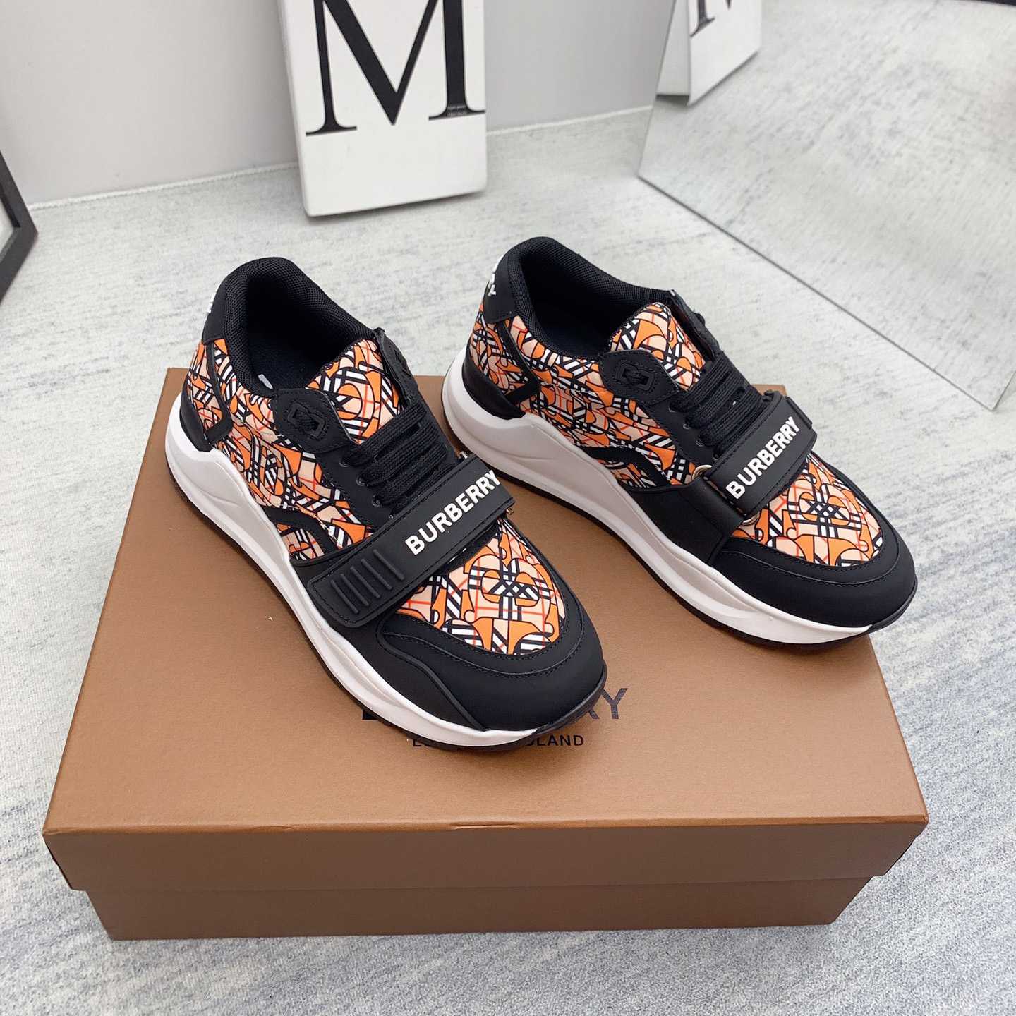 Burberry Monogram Print Linen Nylon And Leather Sneakers - DopestKickz