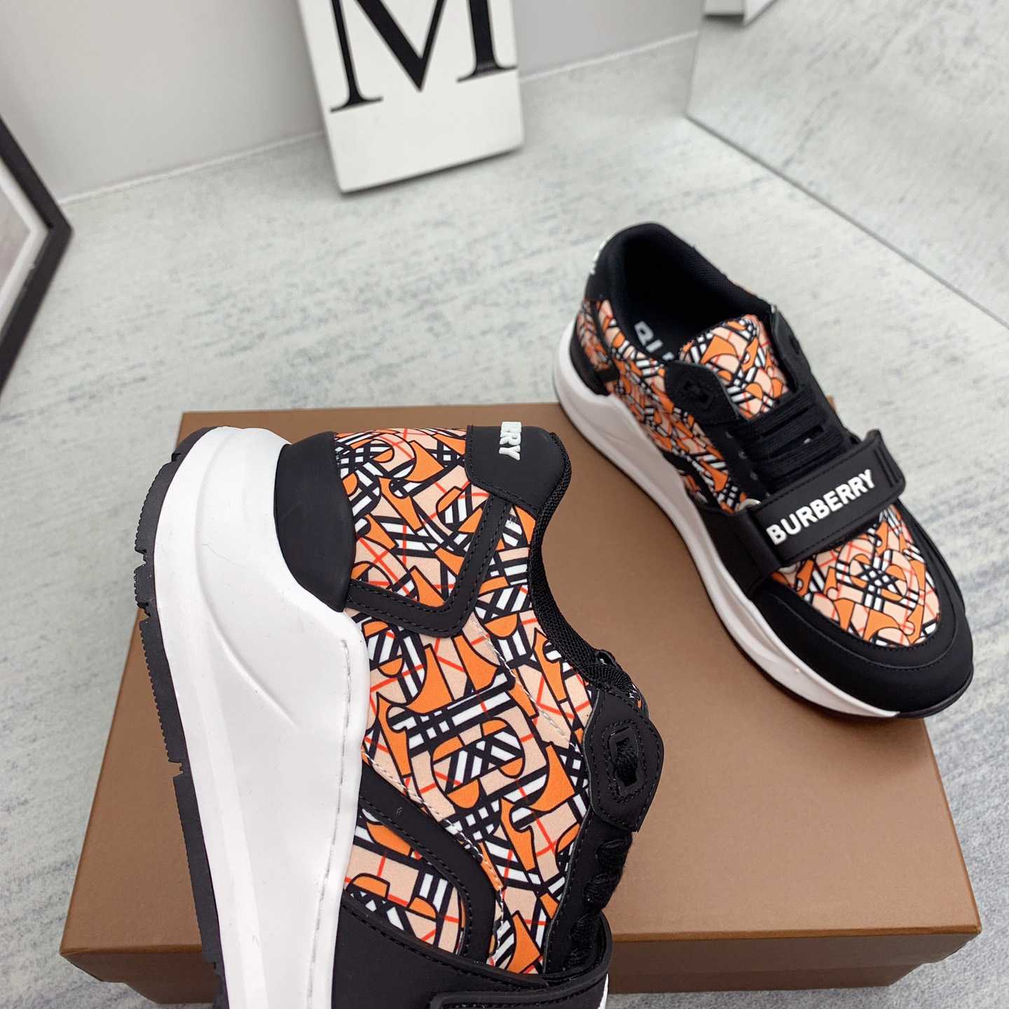 Burberry Monogram Print Linen Nylon And Leather Sneakers - DopestKickz