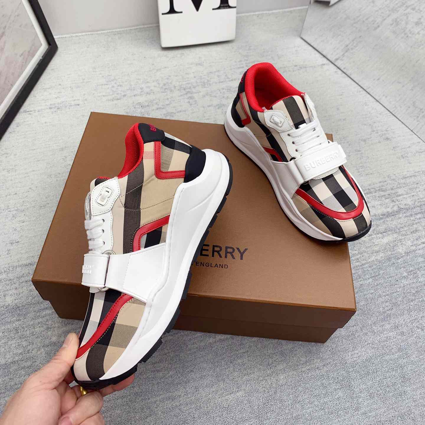 Burberry Check Nylon And Leather Sneakers - DopestKickz