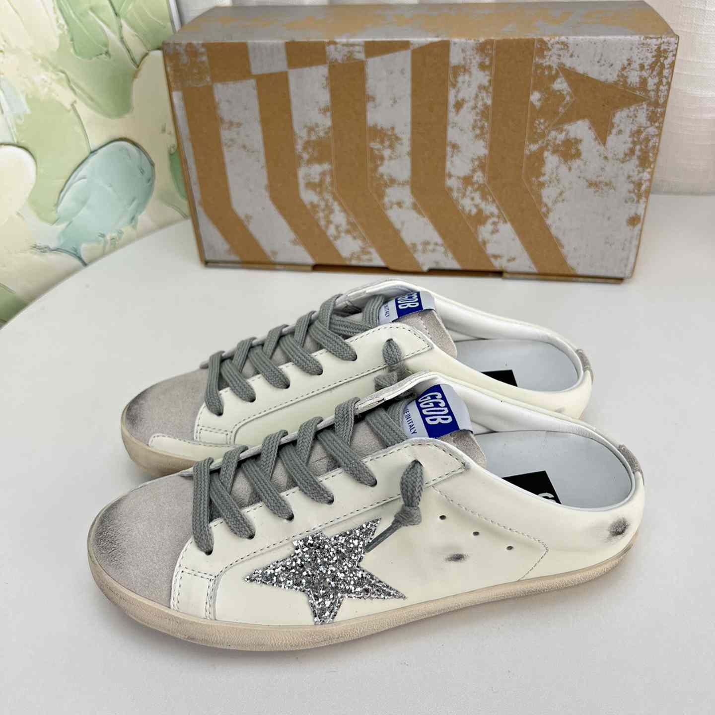 Golden Goose Super-Star Sabots In White Leather And Gray Suede With Silver Glitter Star - DopestKickz
