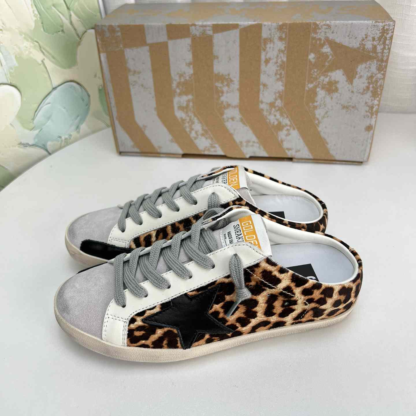 Golden Goose Super-Star Sabots In Leopard-Print Pony Skin With Black Leather Star And Ice-Gray Suede Tongue - DopestKickz