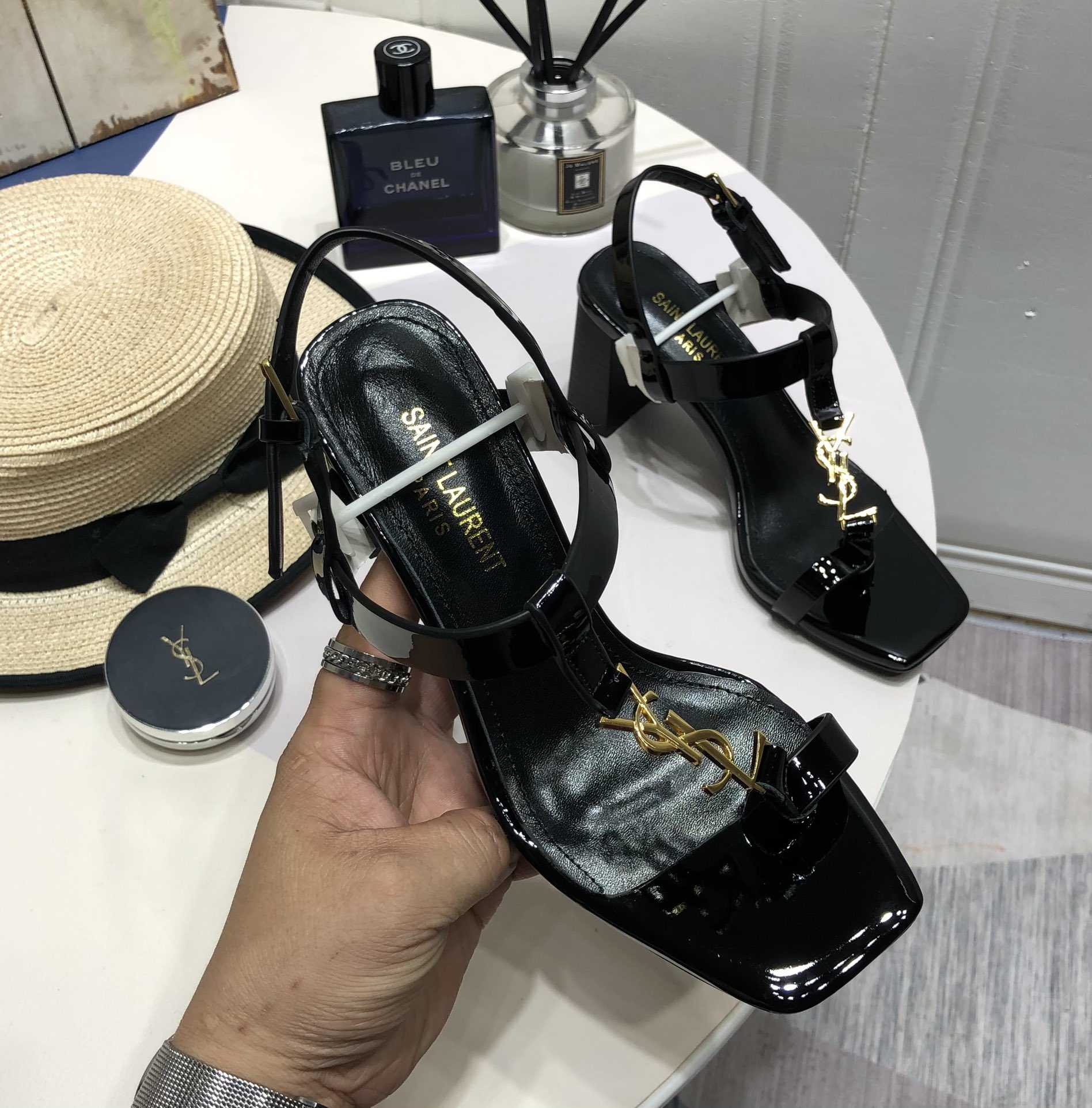 Saint Laurent Cassandra Heeled Sandals In Smooth Leather With Gold-Tone Monogram - DopestKickz