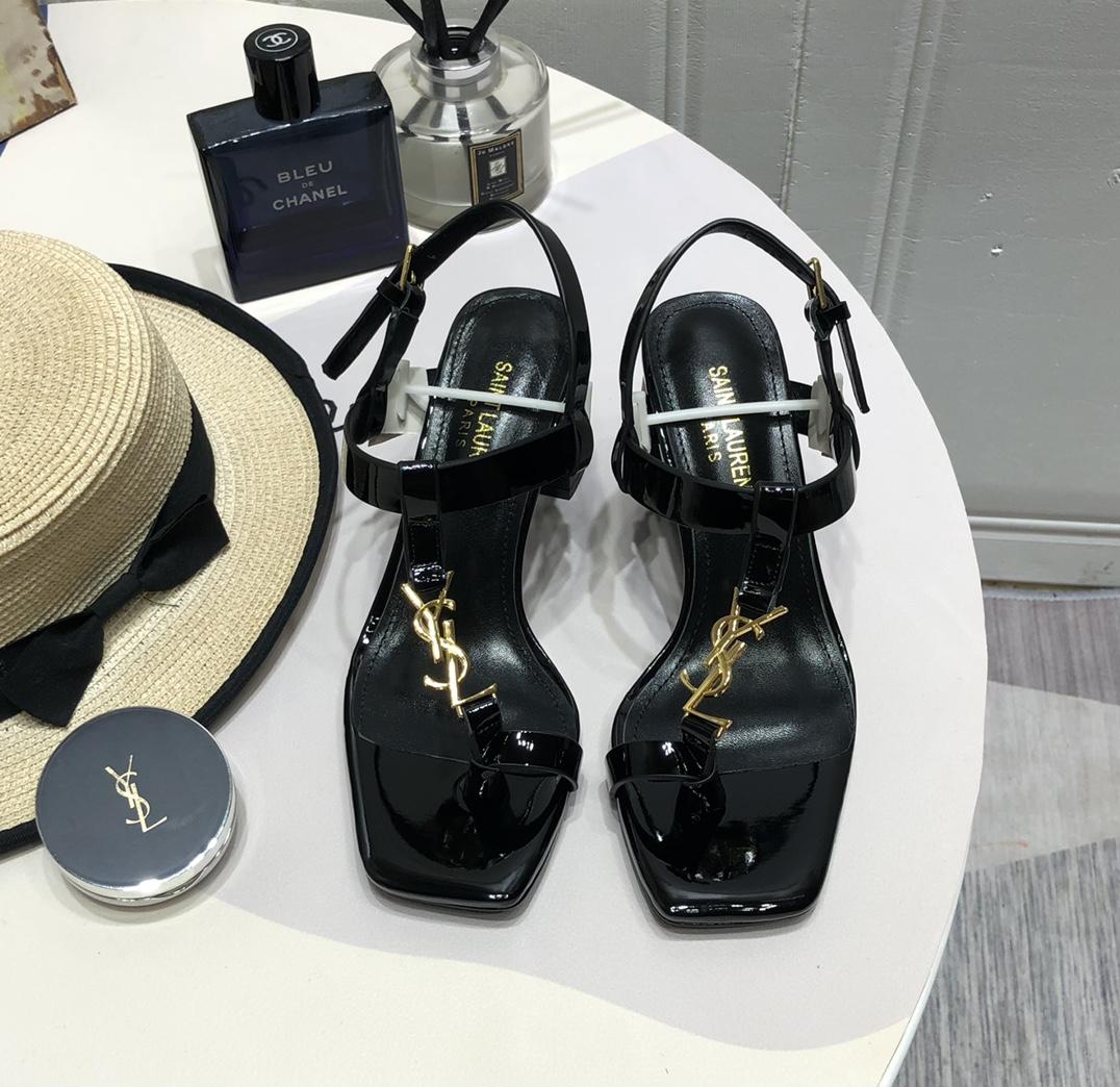 Saint Laurent Cassandra Heeled Sandals In Smooth Leather With Gold-Tone Monogram - DopestKickz