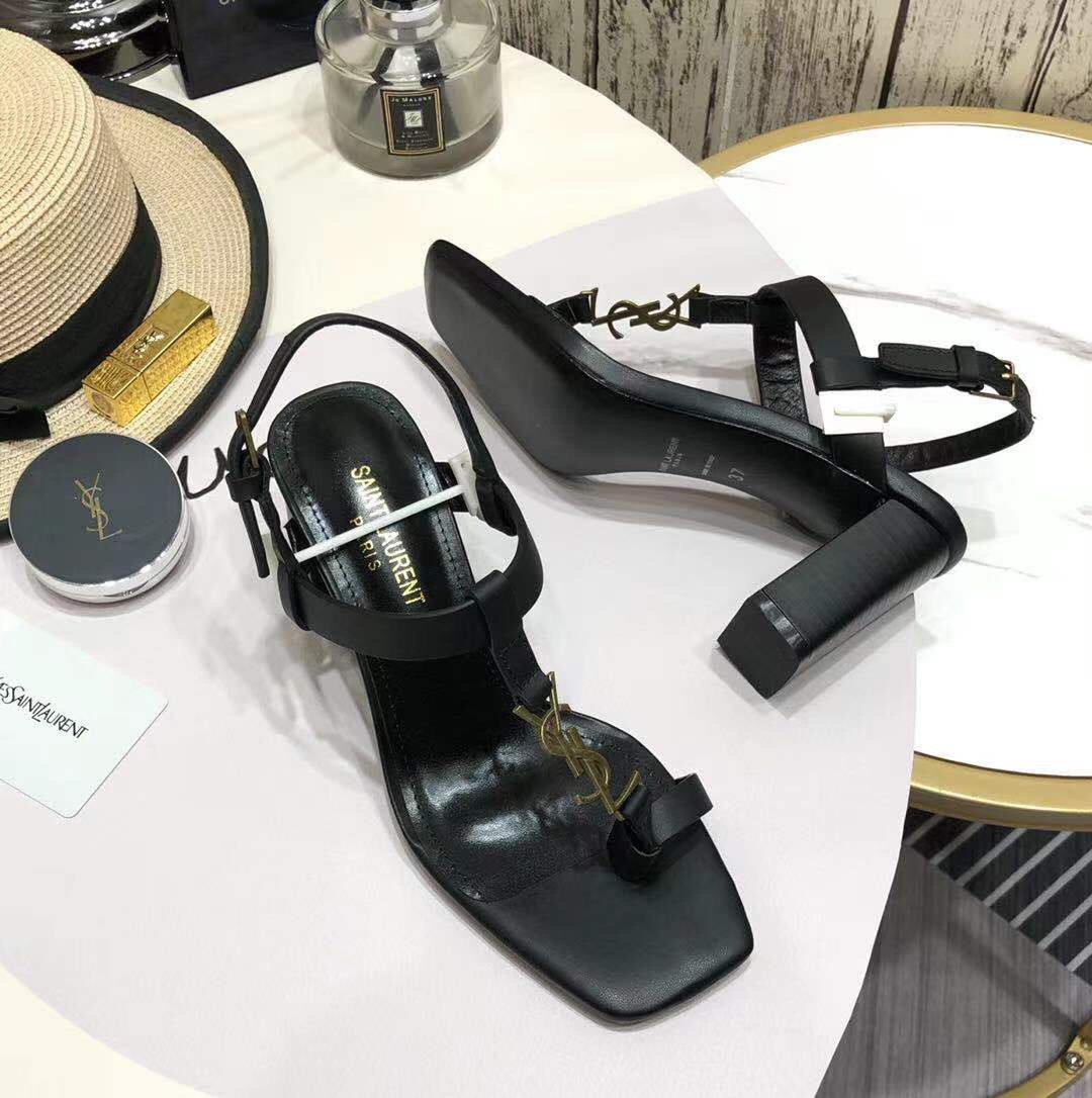 Saint Laurent Cassandra Heeled Sandals In Smooth Leather With Gold-Tone Monogram - DopestKickz