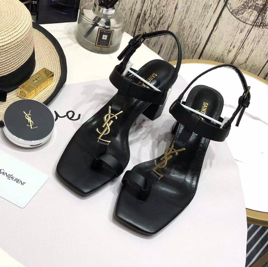 Saint Laurent Cassandra Heeled Sandals In Smooth Leather With Gold-Tone Monogram - DopestKickz