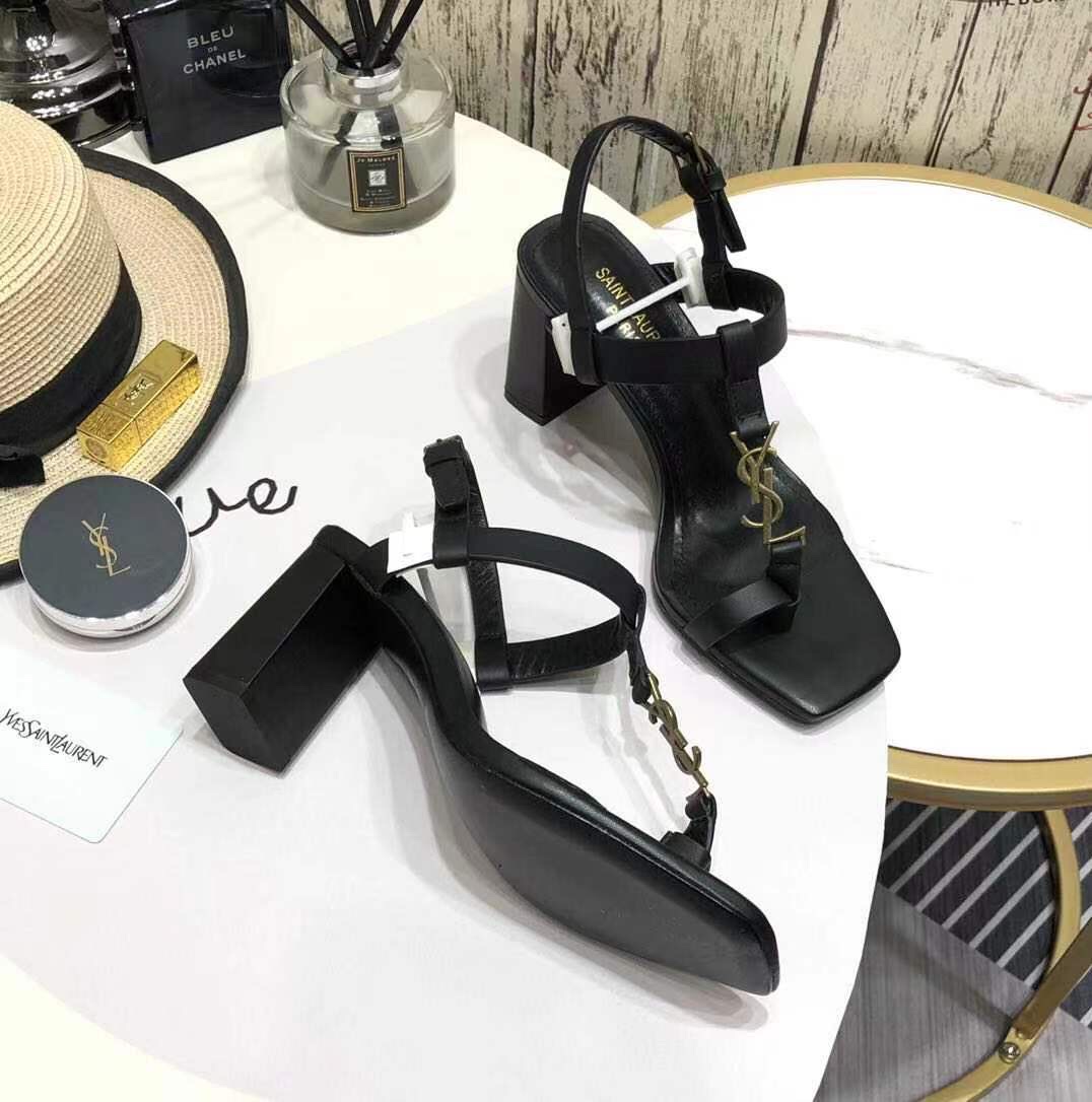 Saint Laurent Cassandra Heeled Sandals In Smooth Leather With Gold-Tone Monogram - DopestKickz