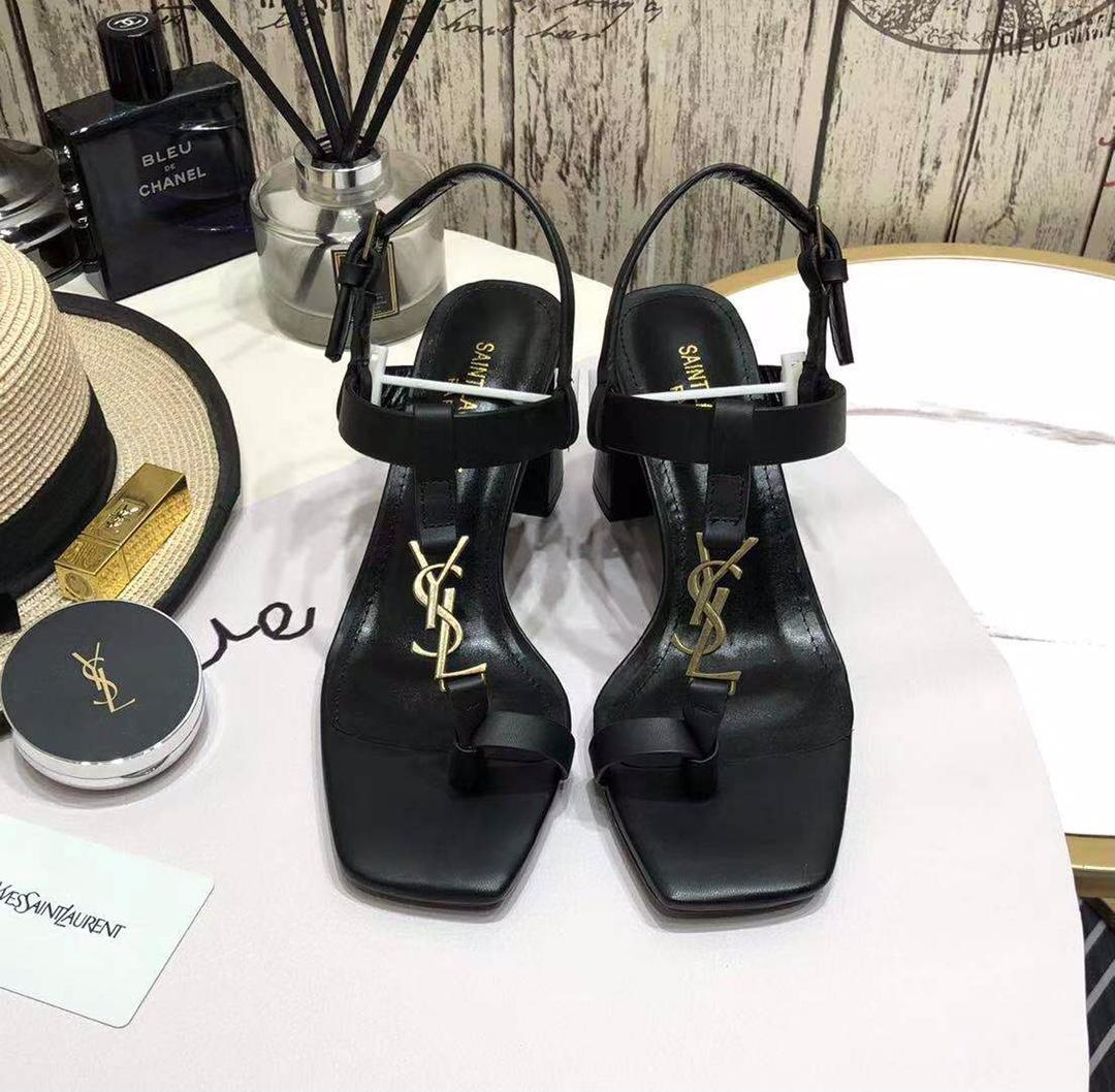 Saint Laurent Cassandra Heeled Sandals In Smooth Leather With Gold-Tone Monogram - DopestKickz