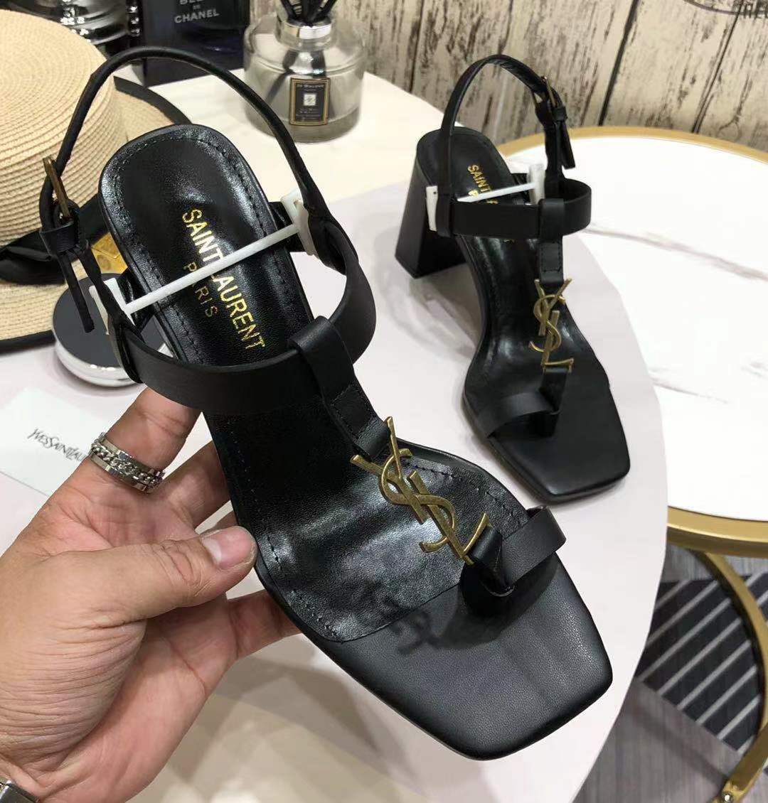 Saint Laurent Cassandra Heeled Sandals In Smooth Leather With Gold-Tone Monogram - DopestKickz