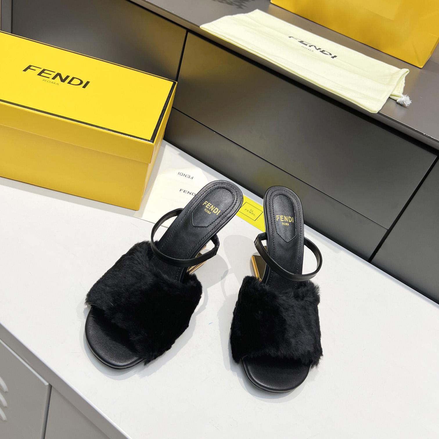 Fendi First Black Mink Medium-Heel Sandals - DopestKickz