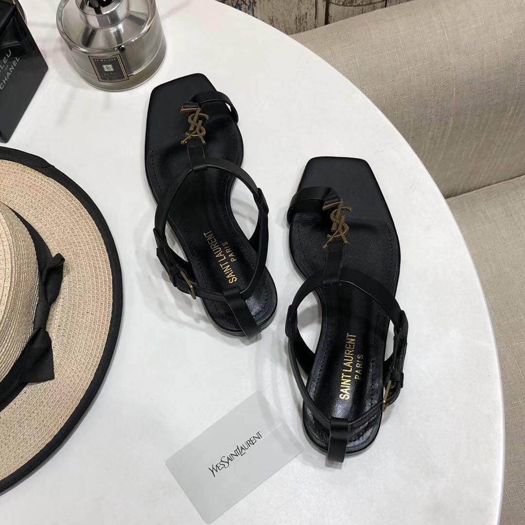 Saint Laurent Cassandra Flat Sandals In Smooth Leather With Gold-Tone Monogram - DopestKickz
