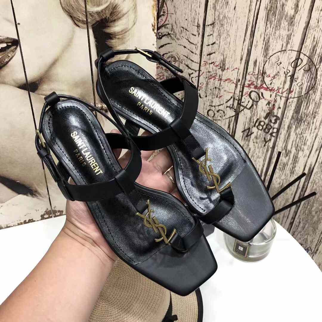 Saint Laurent Cassandra Flat Sandals In Smooth Leather With Gold-Tone Monogram - DopestKickz