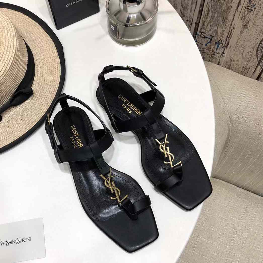 Saint Laurent Cassandra Flat Sandals In Smooth Leather With Gold-Tone Monogram - DopestKickz