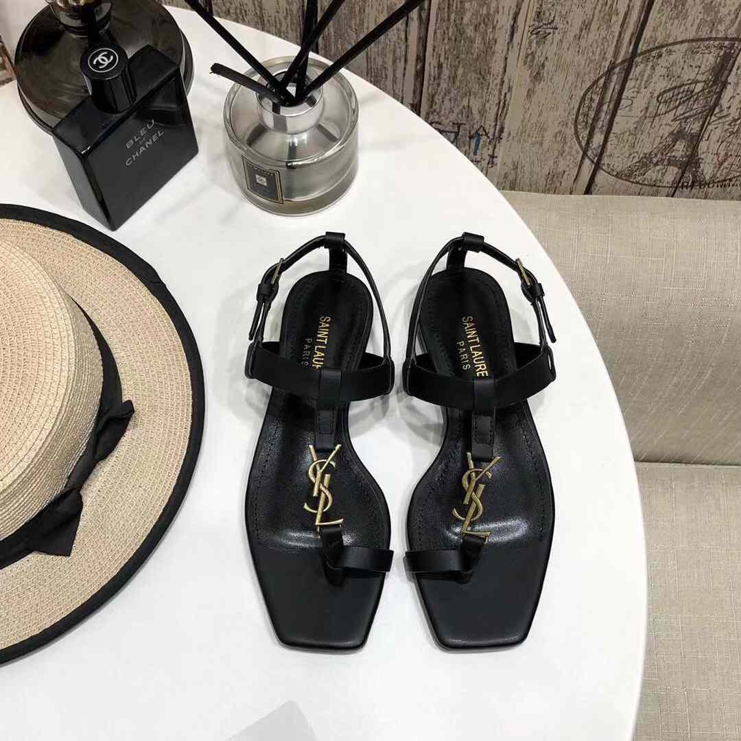 Saint Laurent Cassandra Flat Sandals In Smooth Leather With Gold-Tone Monogram - DopestKickz