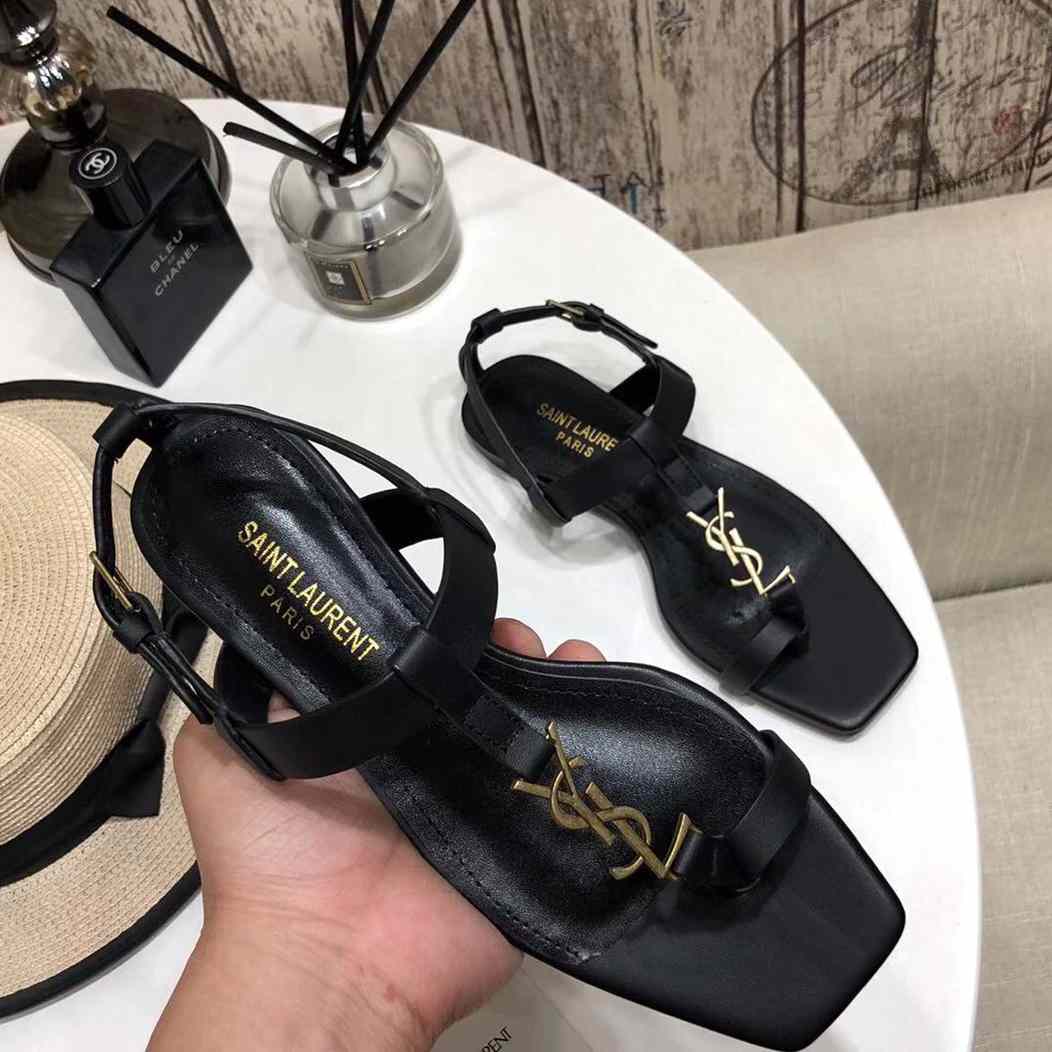 Saint Laurent Cassandra Flat Sandals In Smooth Leather With Gold-Tone Monogram - DopestKickz