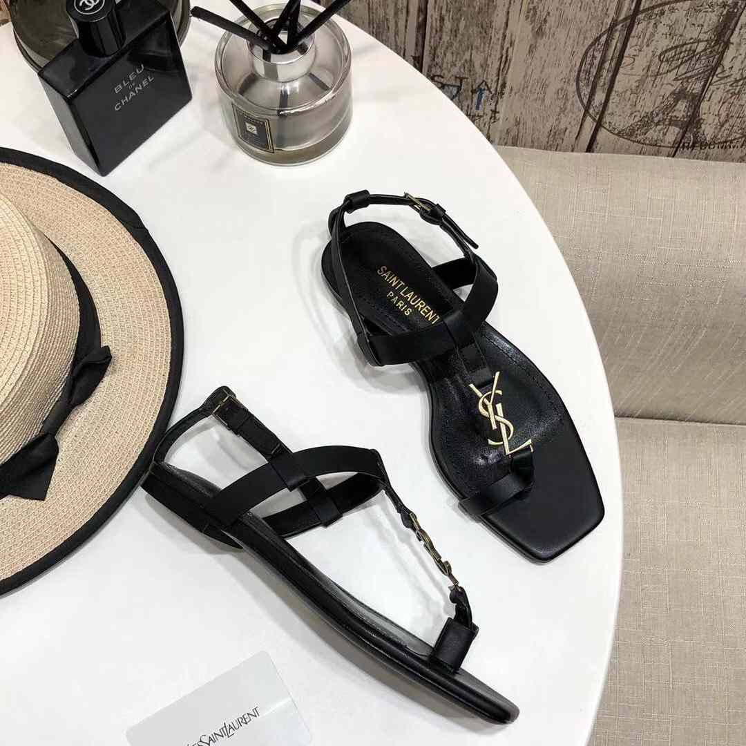 Saint Laurent Cassandra Flat Sandals In Smooth Leather With Gold-Tone Monogram - DopestKickz