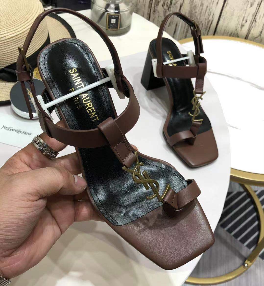 Saint Laurent Cassandra Heeled Sandals In Smooth Leather With Gold-Tone Monogram - DopestKickz