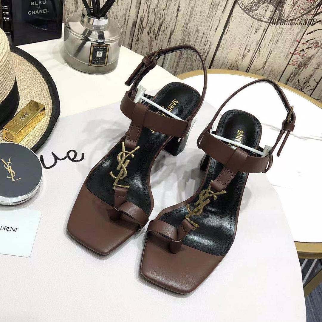 Saint Laurent Cassandra Heeled Sandals In Smooth Leather With Gold-Tone Monogram - DopestKickz