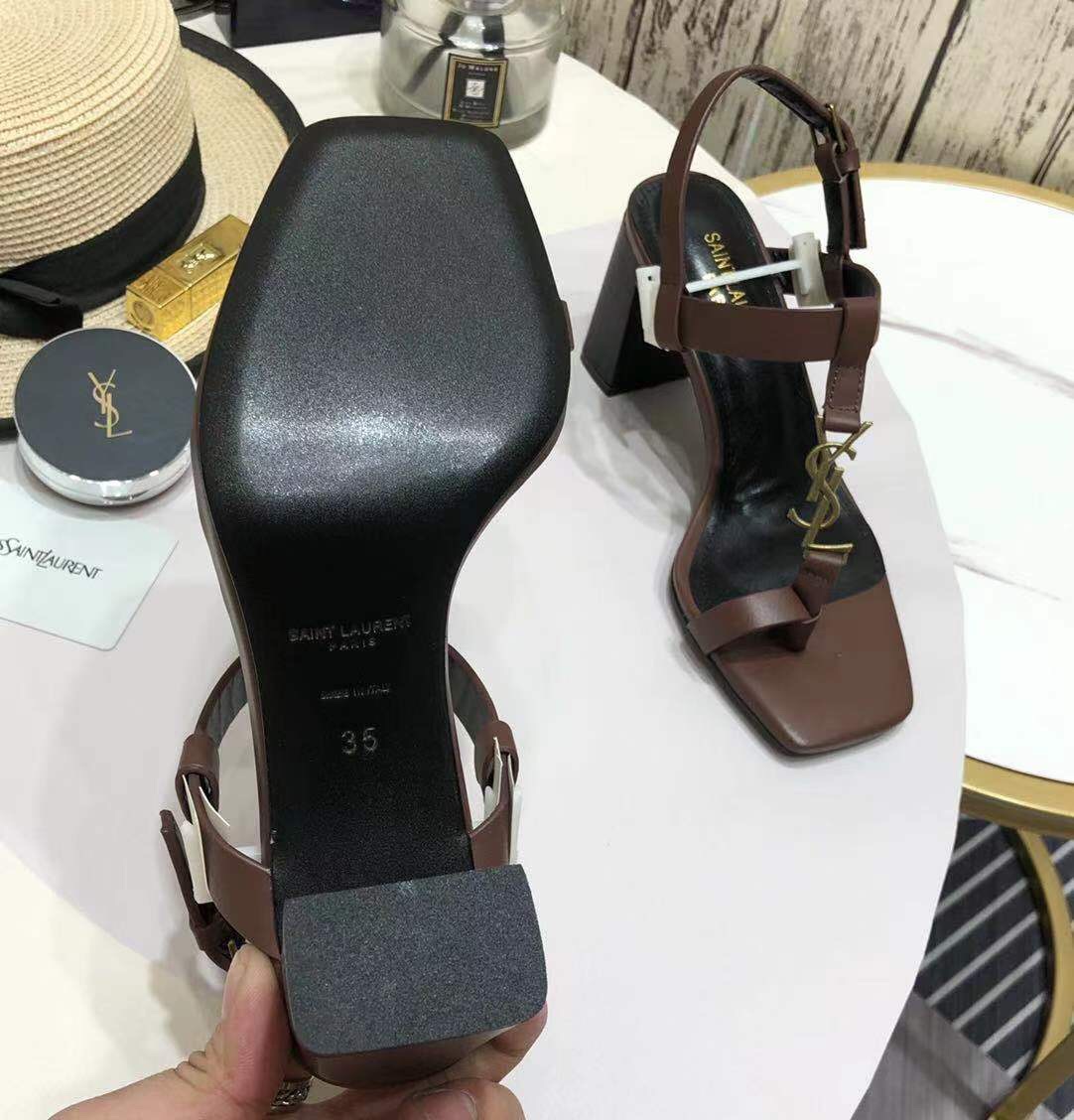 Saint Laurent Cassandra Heeled Sandals In Smooth Leather With Gold-Tone Monogram - DopestKickz