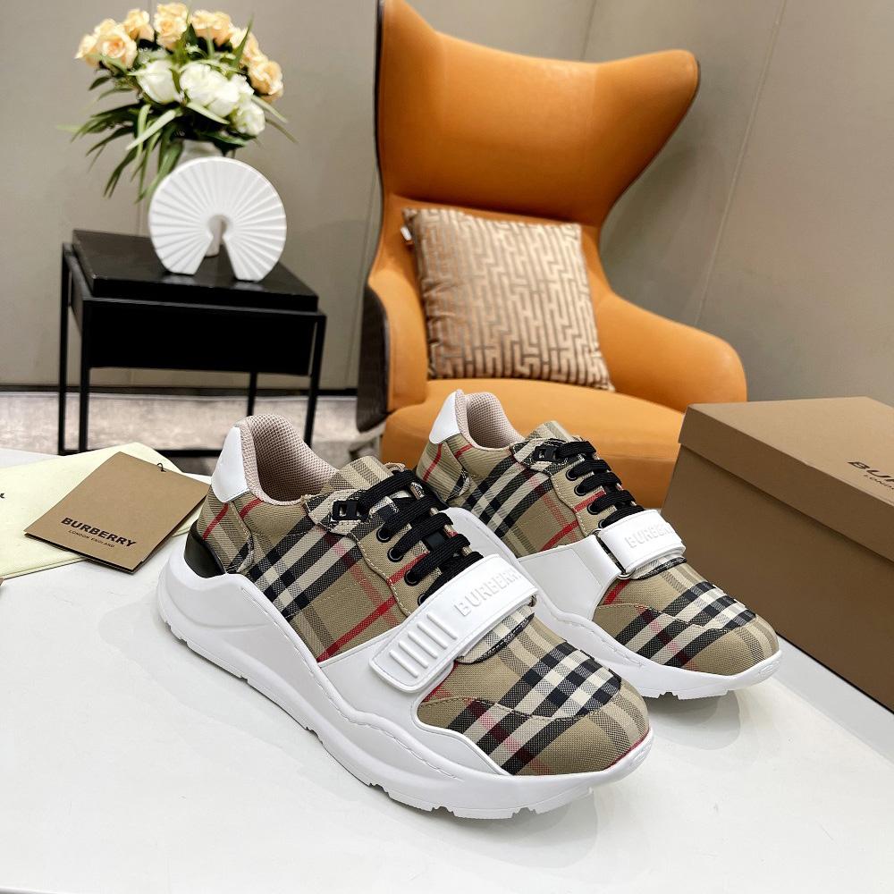 Burberry Check Cotton And Leather Sneakers - DopestKickz