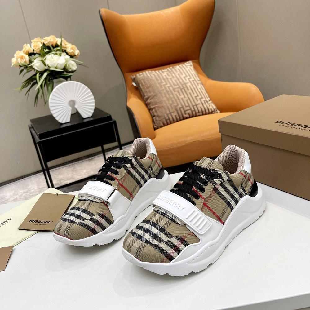 Burberry Check Cotton And Leather Sneakers - DopestKickz