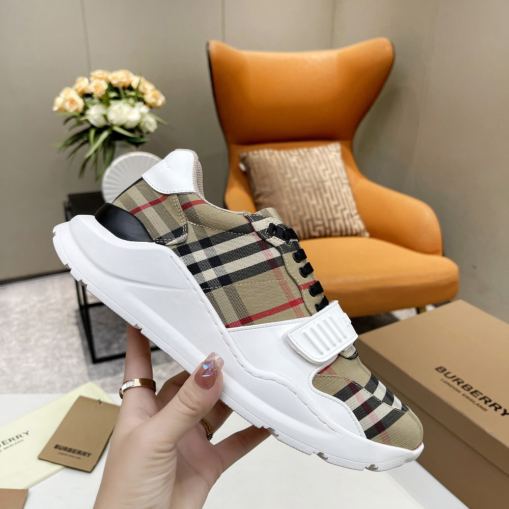 Burberry Check Cotton And Leather Sneakers - DopestKickz