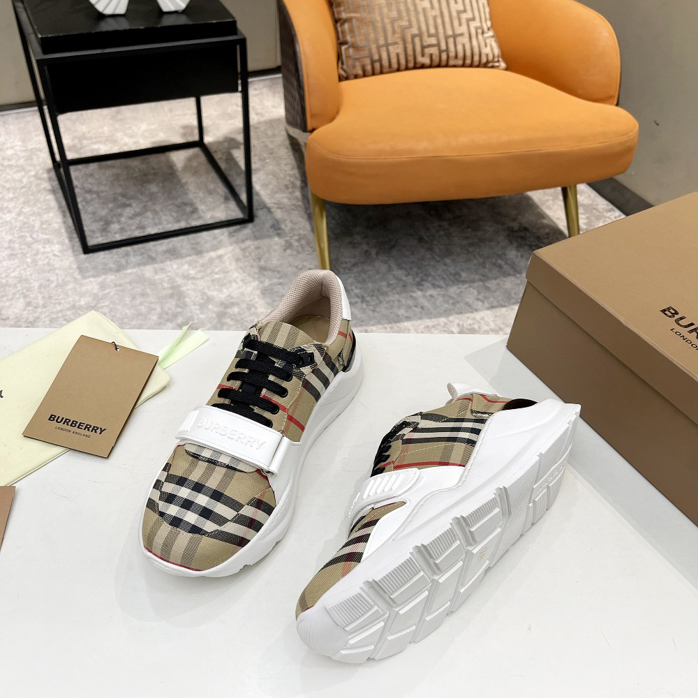 Burberry Check Cotton And Leather Sneakers - DopestKickz