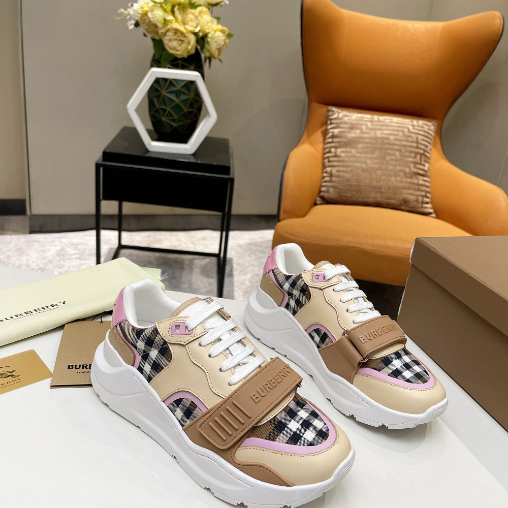 Burberry Check Cotton And Leather Sneakers - DopestKickz