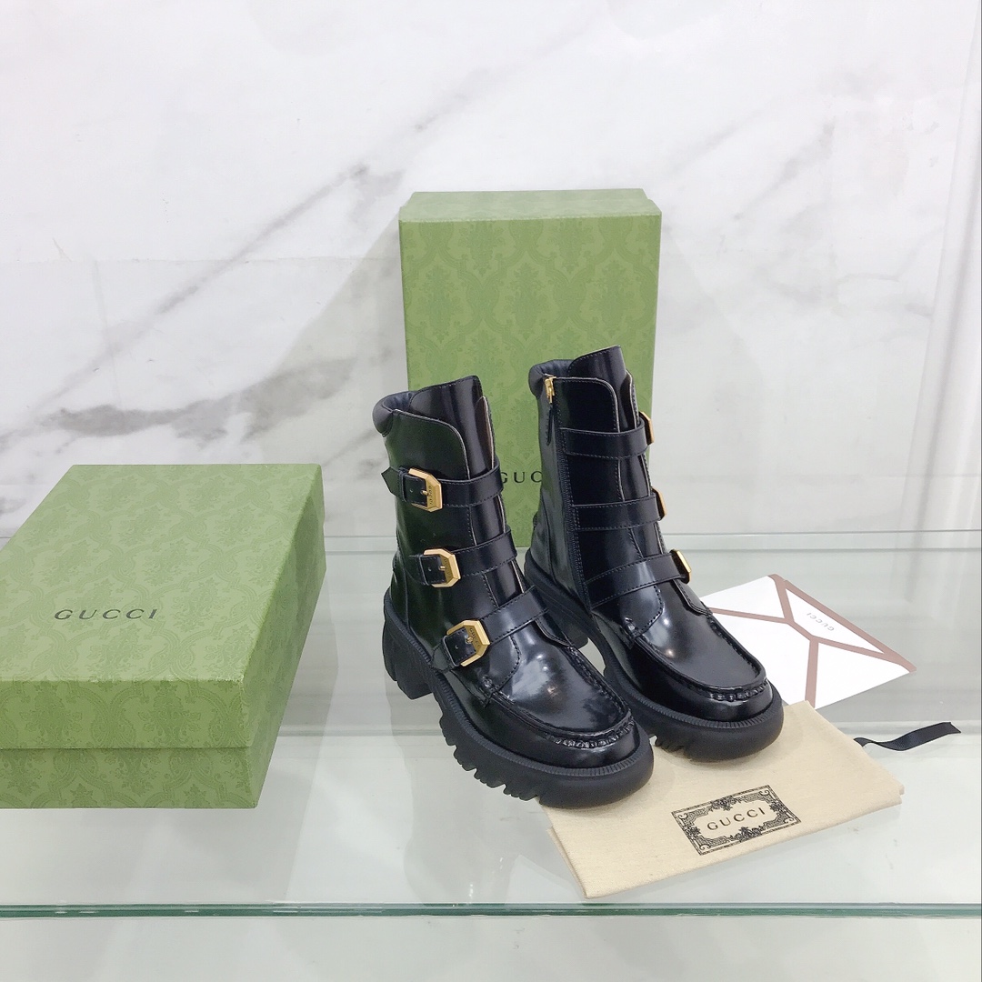 Gucci Women's Black Leather Ankle Boots - DopestKickz