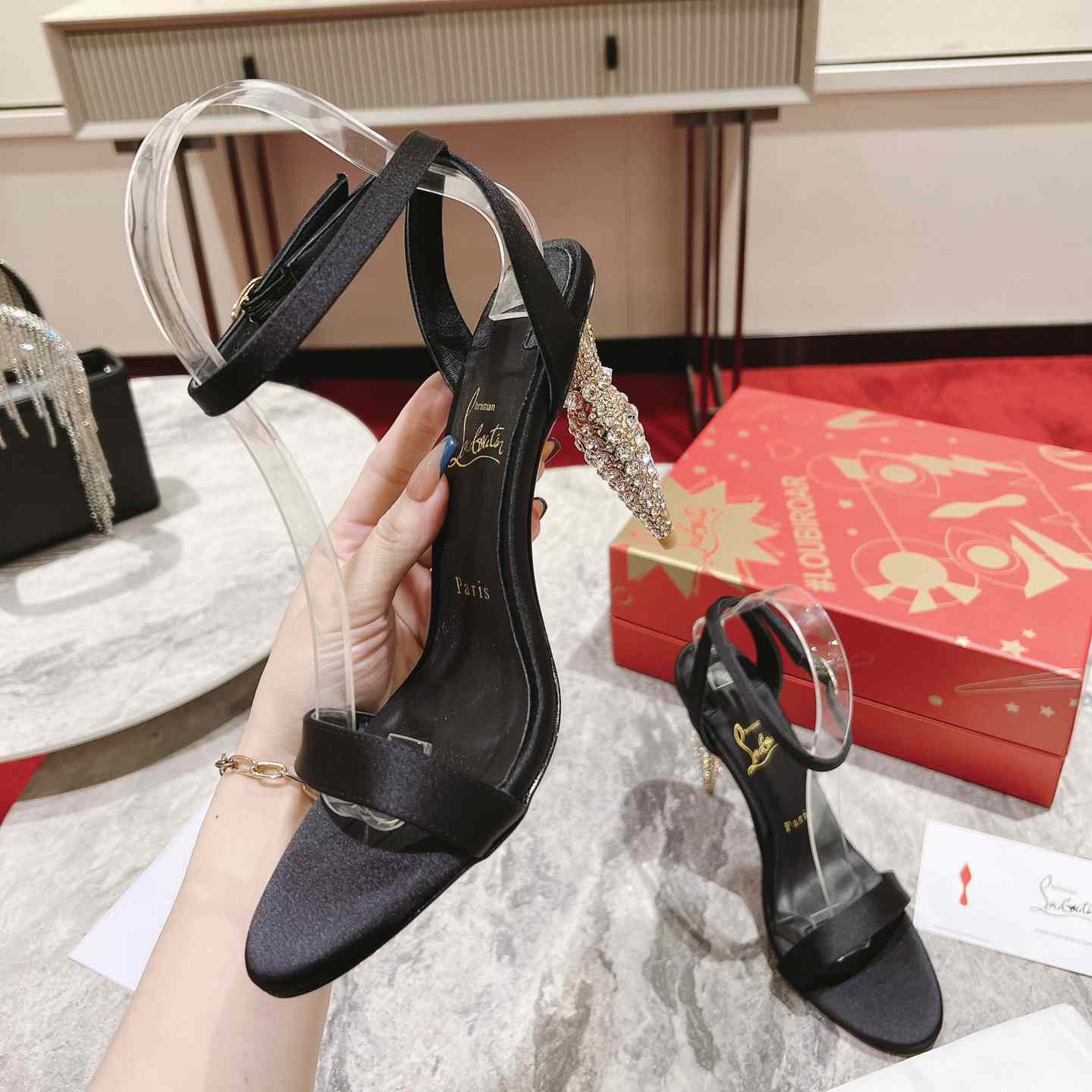 Christian Louboutin Lipstrass Queen Red Sole Ankle-Strap Sandals - DopestKickz