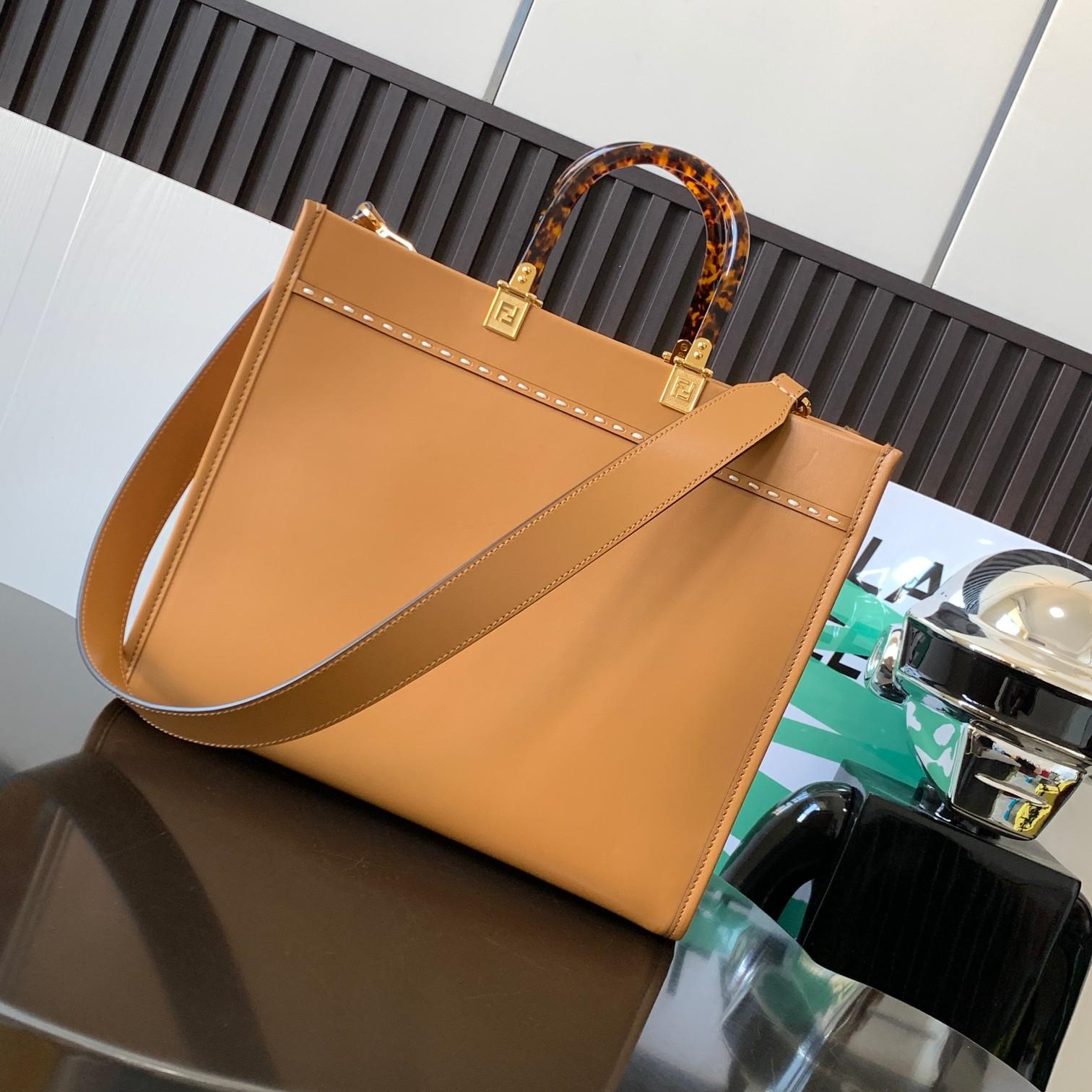 Fendi Sunshine Medium Light Brown Leather And Elaphe Shopper Bag - DopestKickz