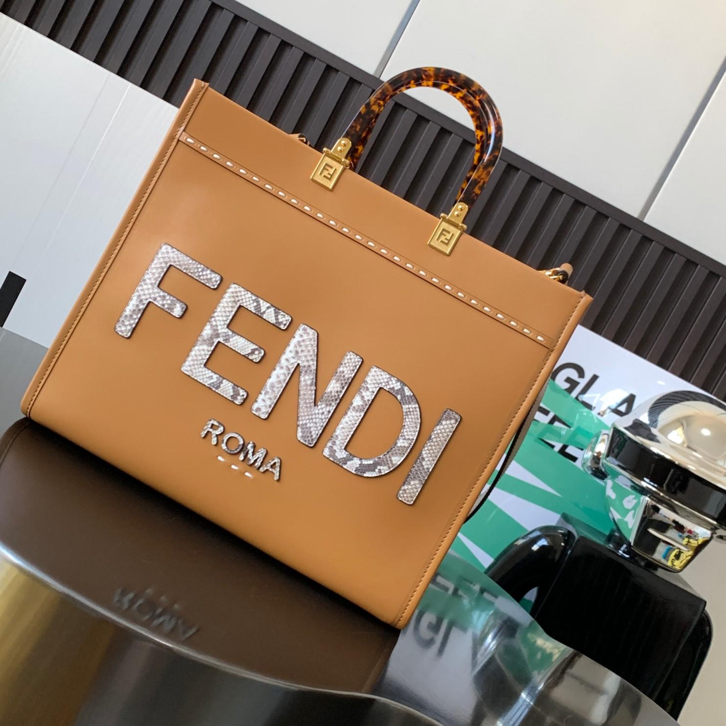 Fendi Sunshine Medium Light Brown Leather And Elaphe Shopper Bag - DopestKickz