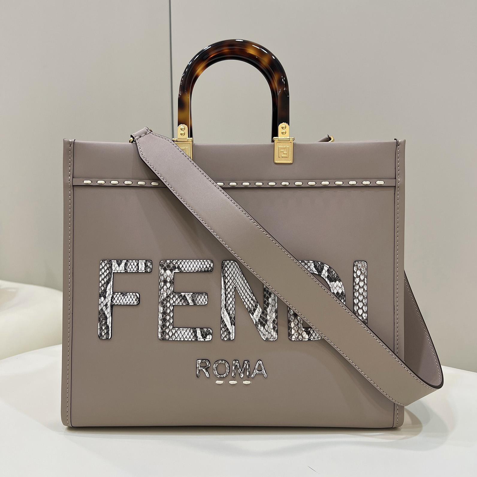 Fendi Sunshine Medium Beige Leather And Elaphe Shopper - DopestKickz