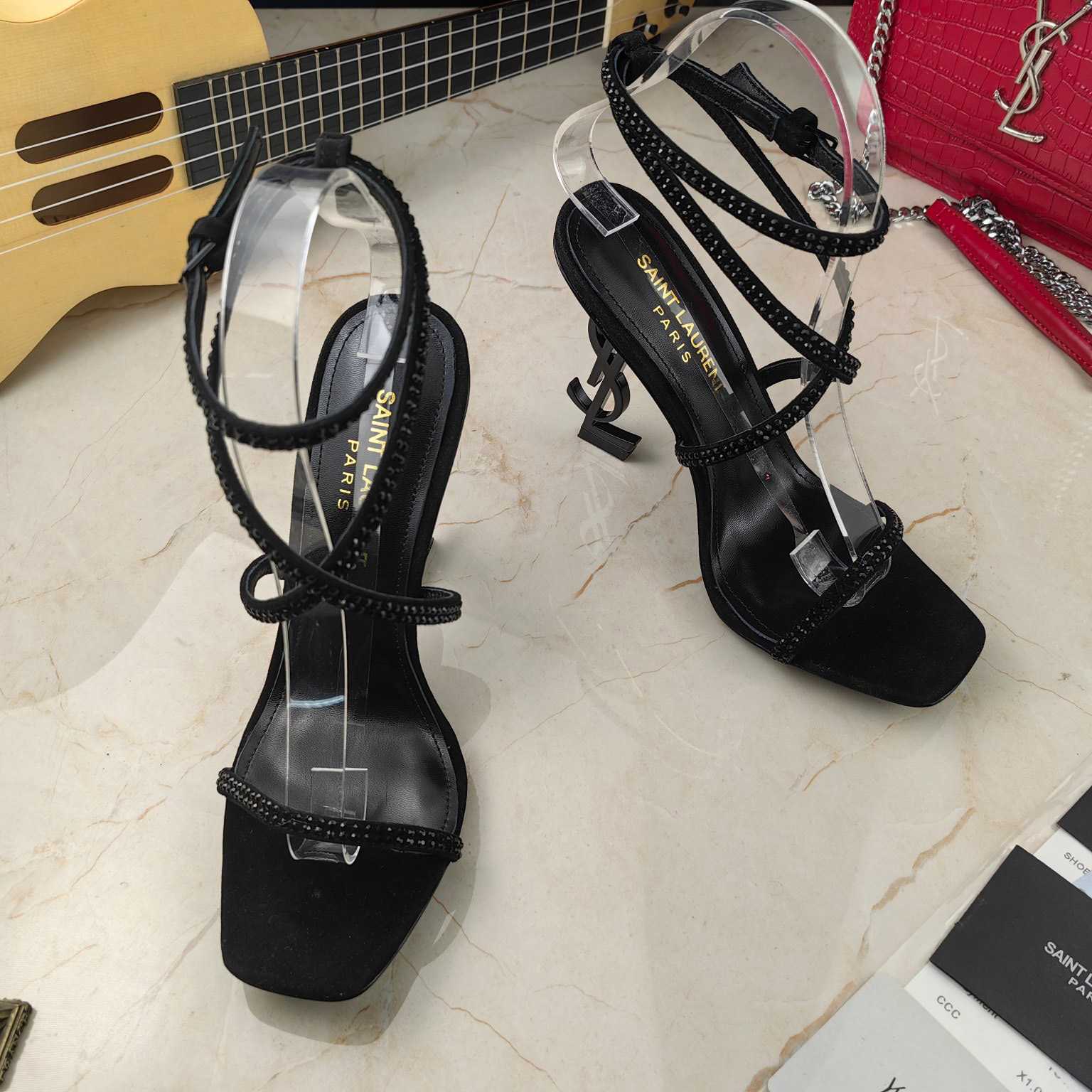 Saint Laurent Opyum Sandals In Crepe Satin And Rhinestones  - DopestKickz