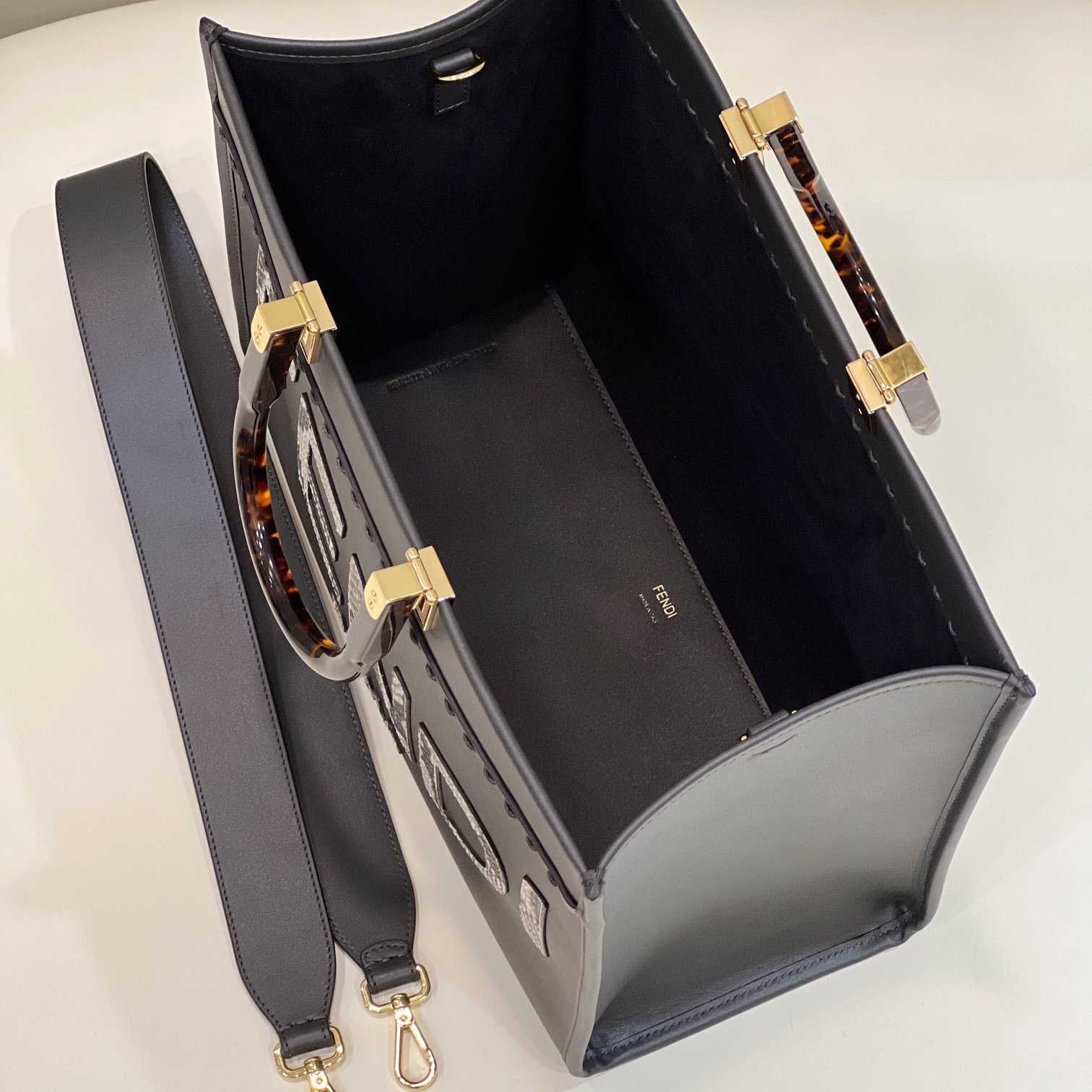 Fendi Sunshine Medium Dark Gray Leather And Elaphe Shopper - DopestKickz