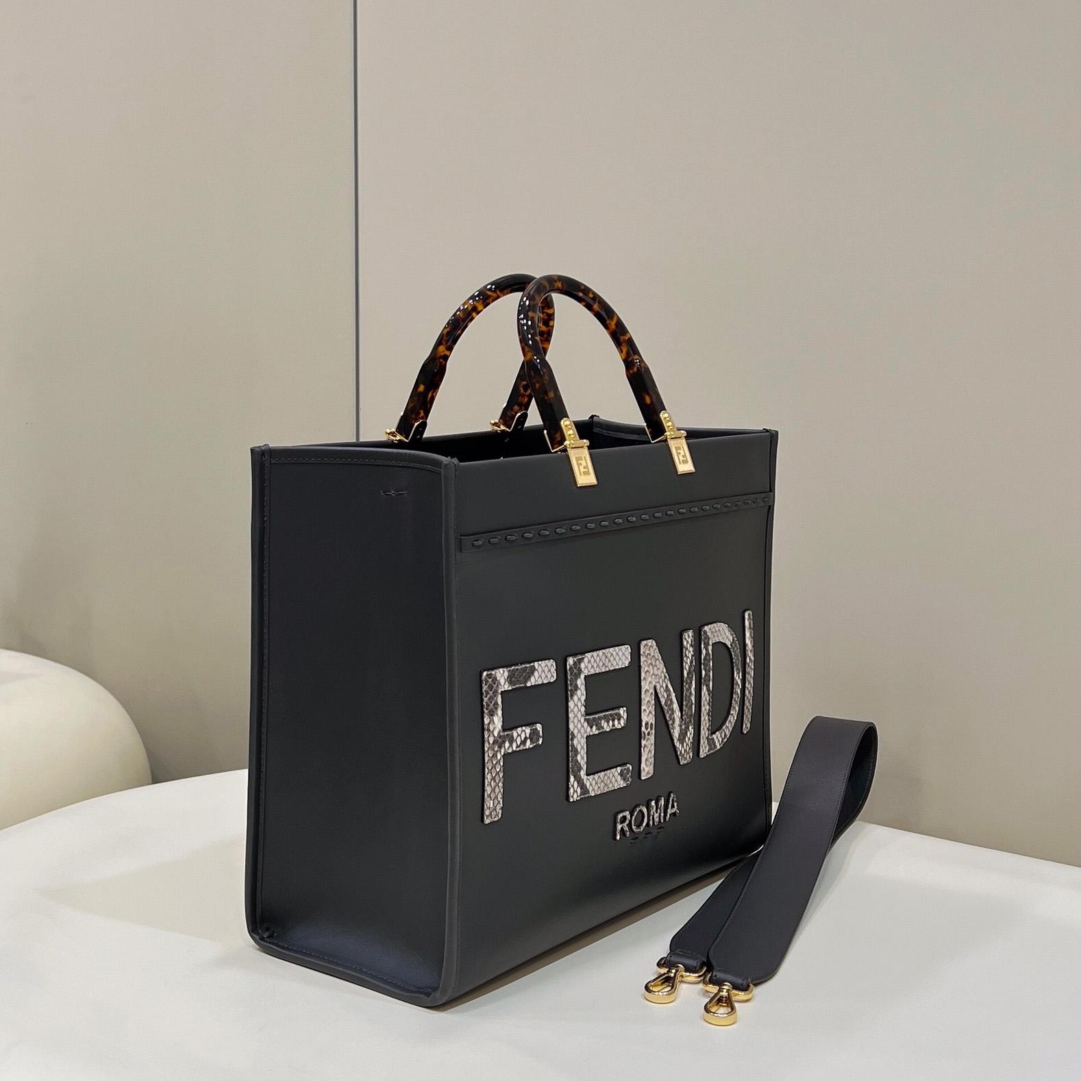 Fendi Sunshine Medium Dark Gray Leather And Elaphe Shopper - DopestKickz