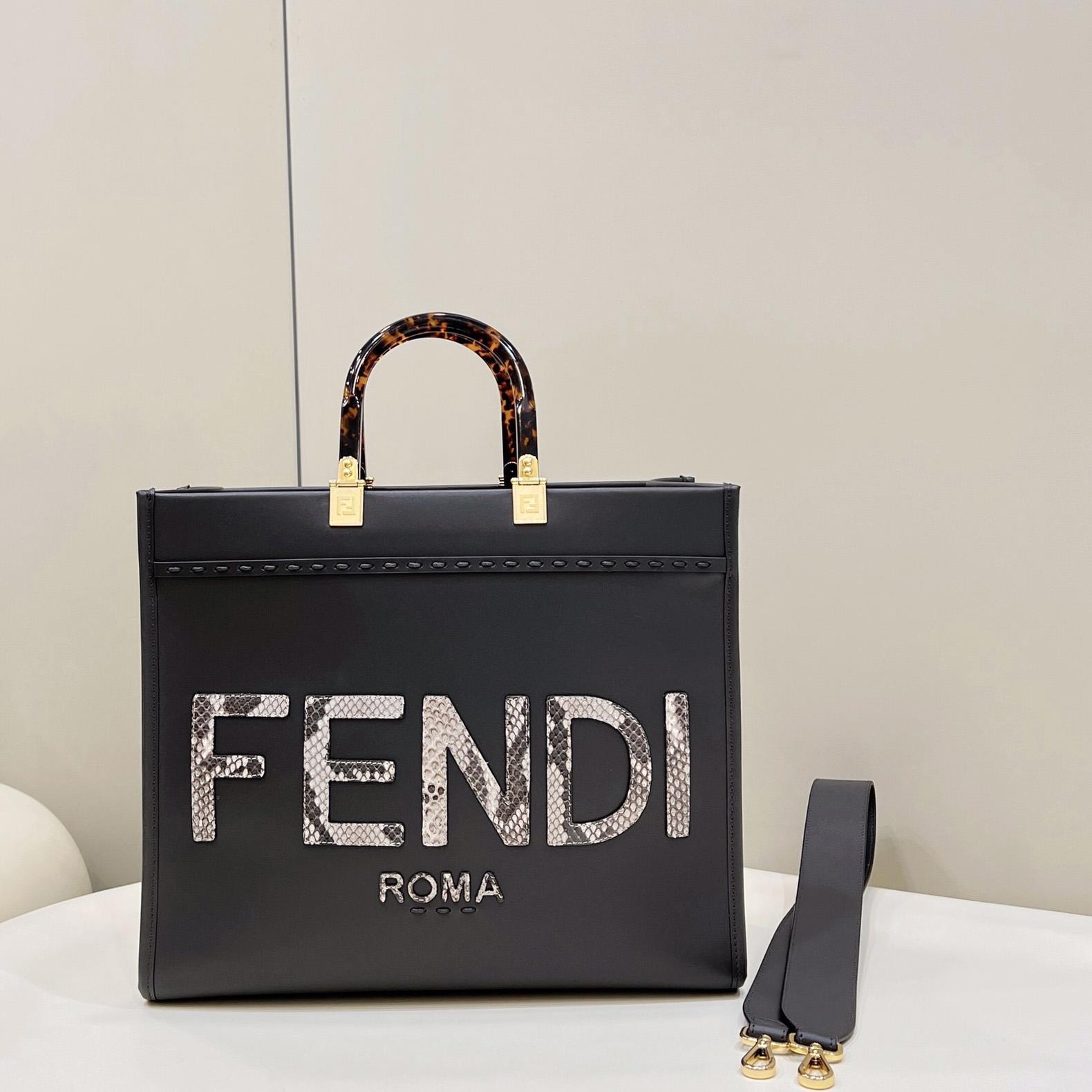Fendi Sunshine Medium Dark Gray Leather And Elaphe Shopper - DopestKickz
