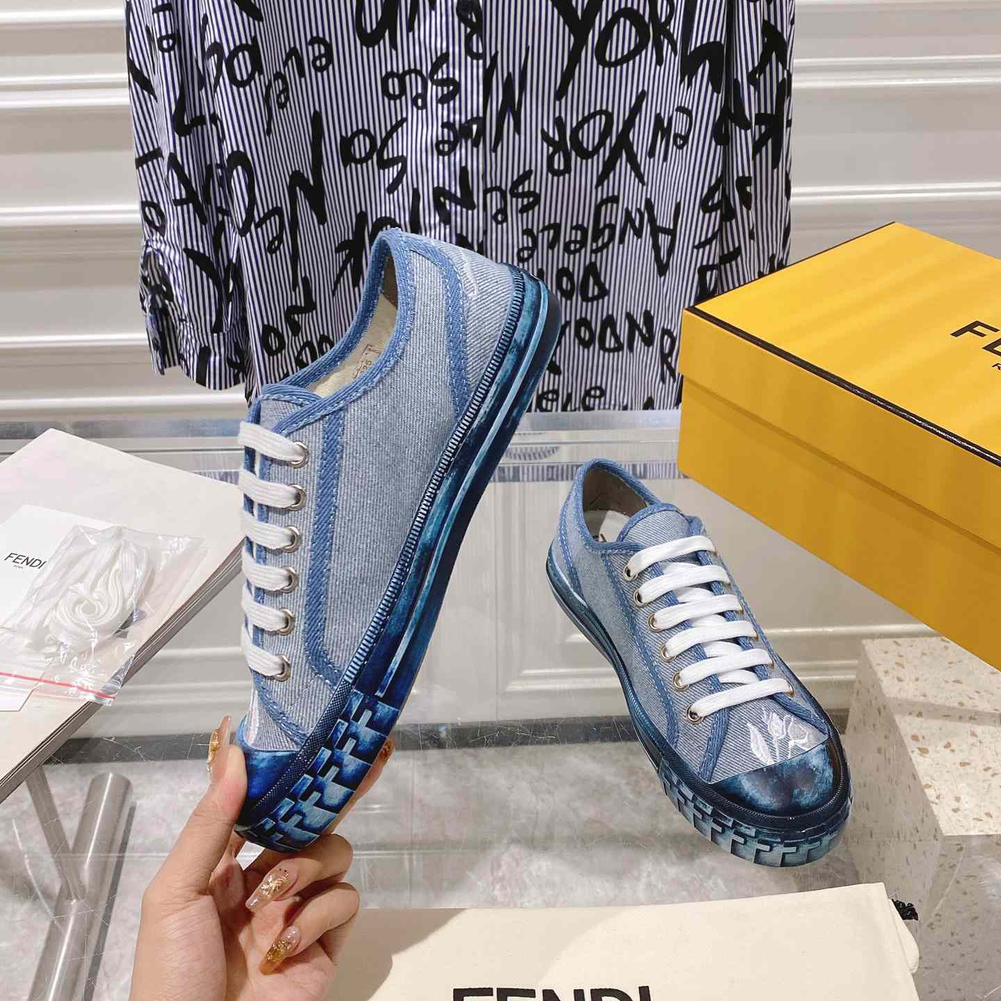 Fendi Domino Light Blue Denim Low Tops Sneakers - DopestKickz