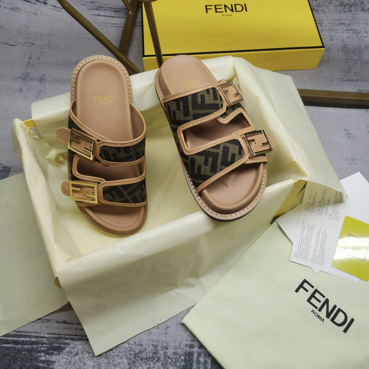 Fendi Feel Brown FF Fabric Slides - DopestKickz