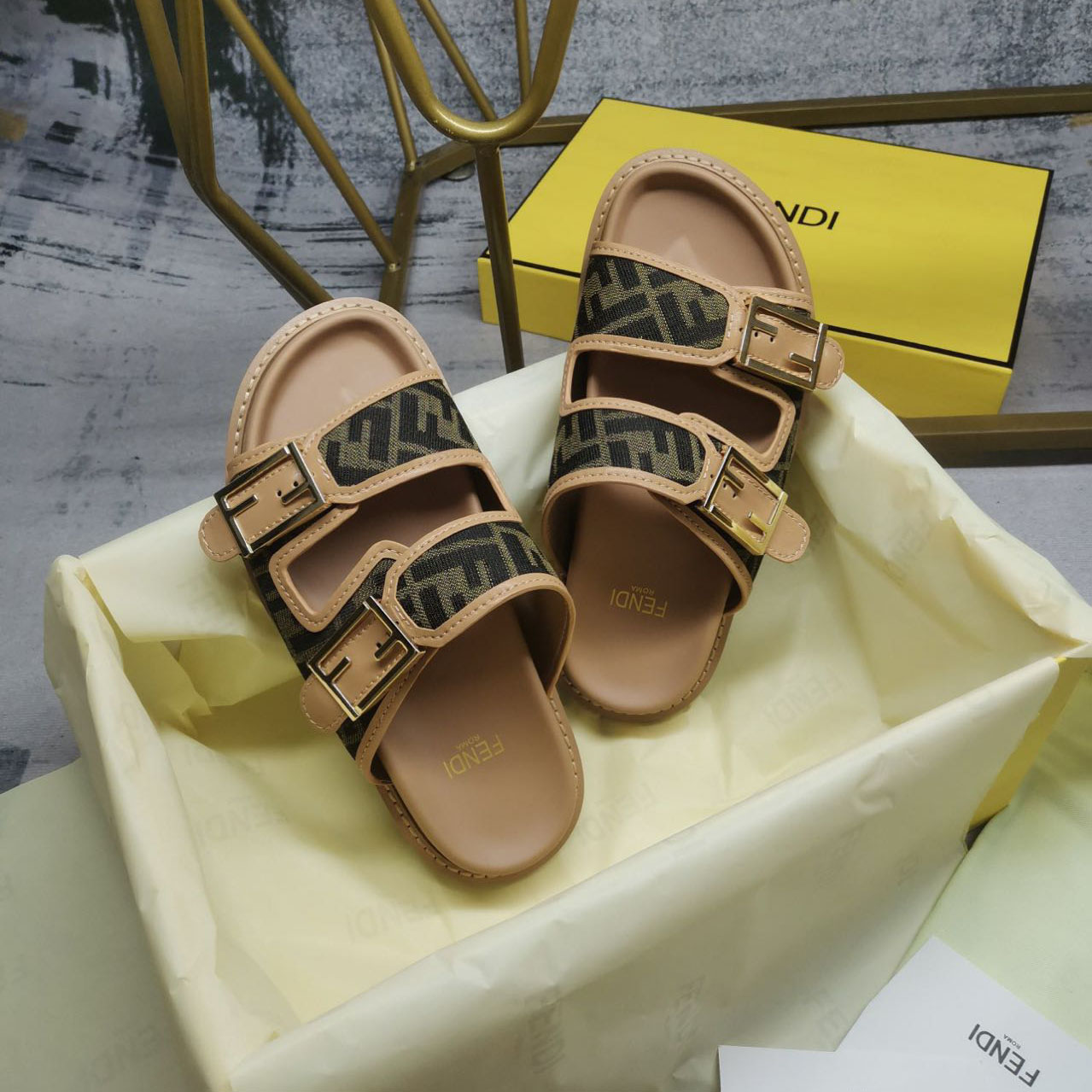 Fendi Feel Brown FF Fabric Slides - DopestKickz
