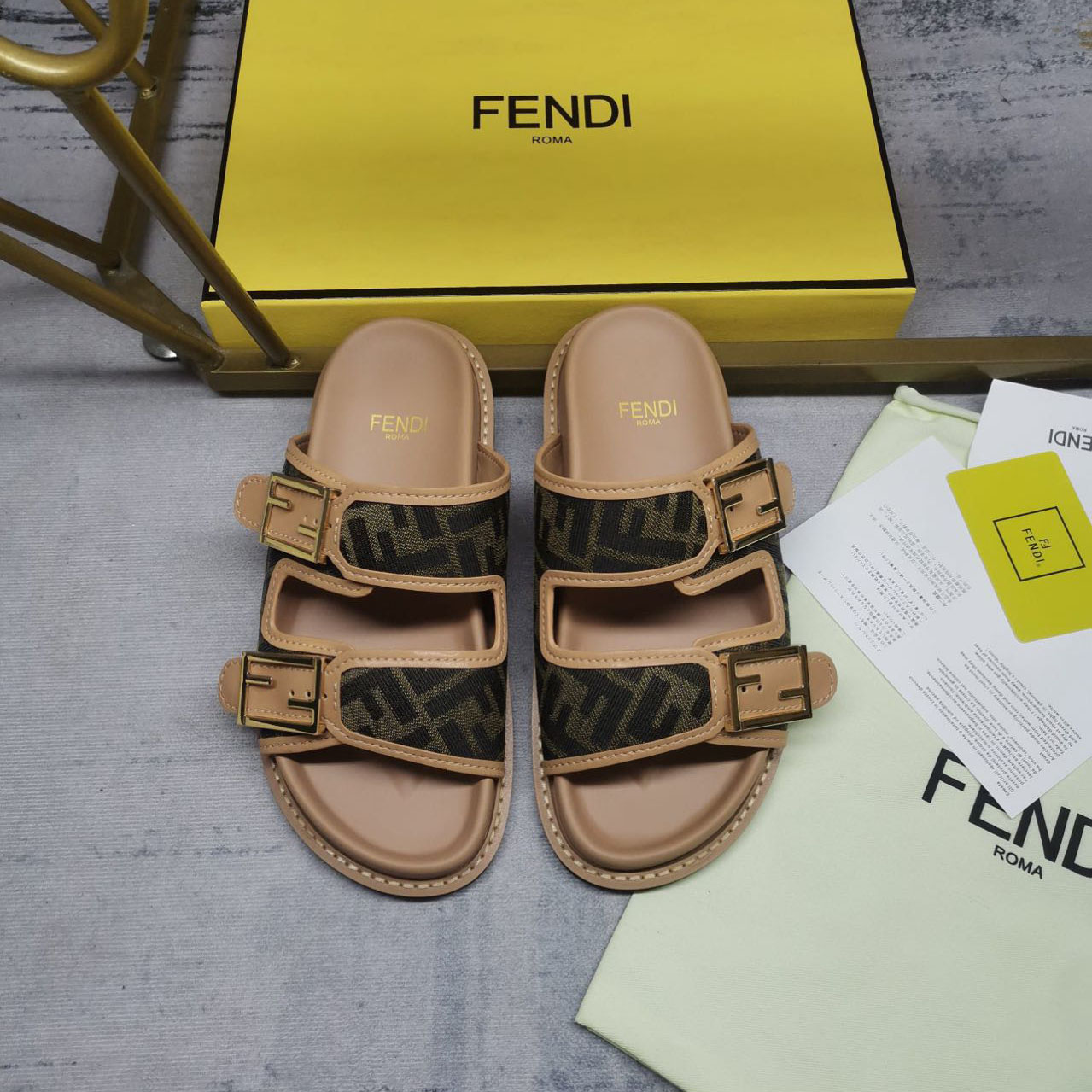 Fendi Feel Brown FF Fabric Slides - DopestKickz