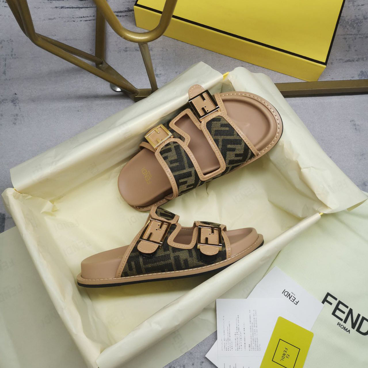 Fendi Feel Brown FF Fabric Slides - DopestKickz