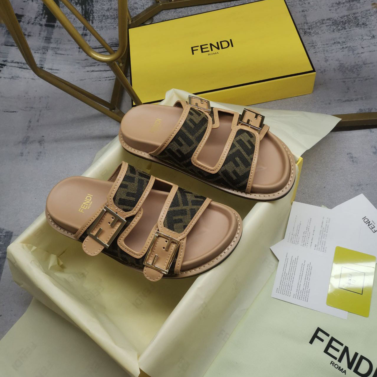 Fendi Feel Brown FF Fabric Slides - DopestKickz