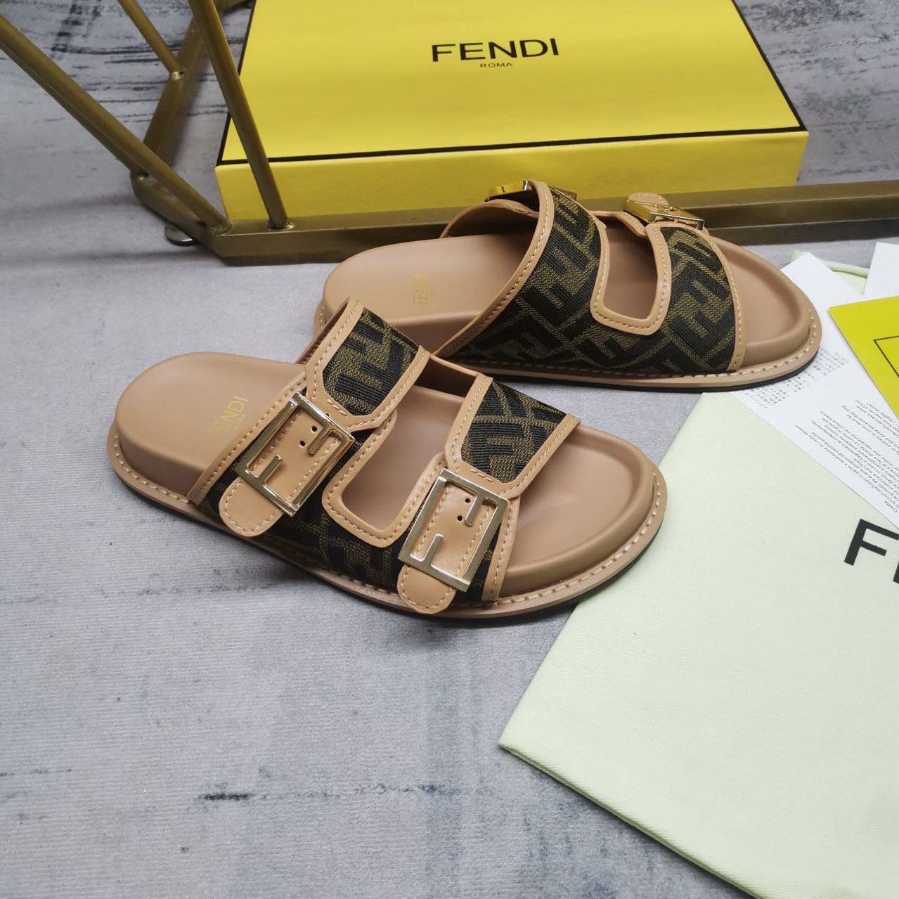 Fendi Feel Brown FF Fabric Slides - DopestKickz
