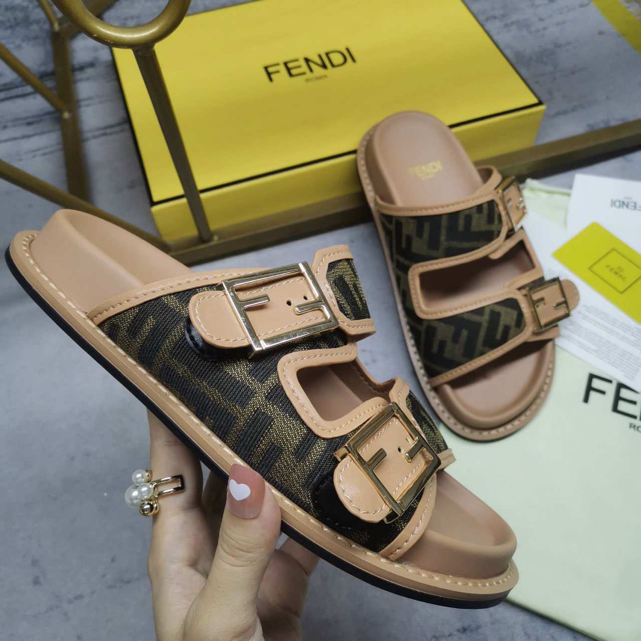 Fendi Feel Brown FF Fabric Slides - DopestKickz